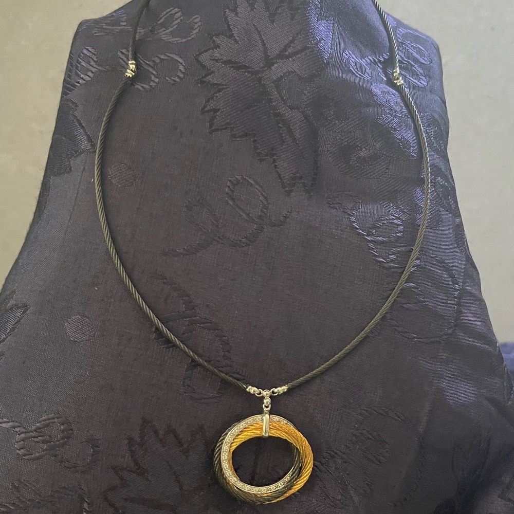 Charriol Celtic 18k white gold & SS & black Cable Necklace with White Sapphires.